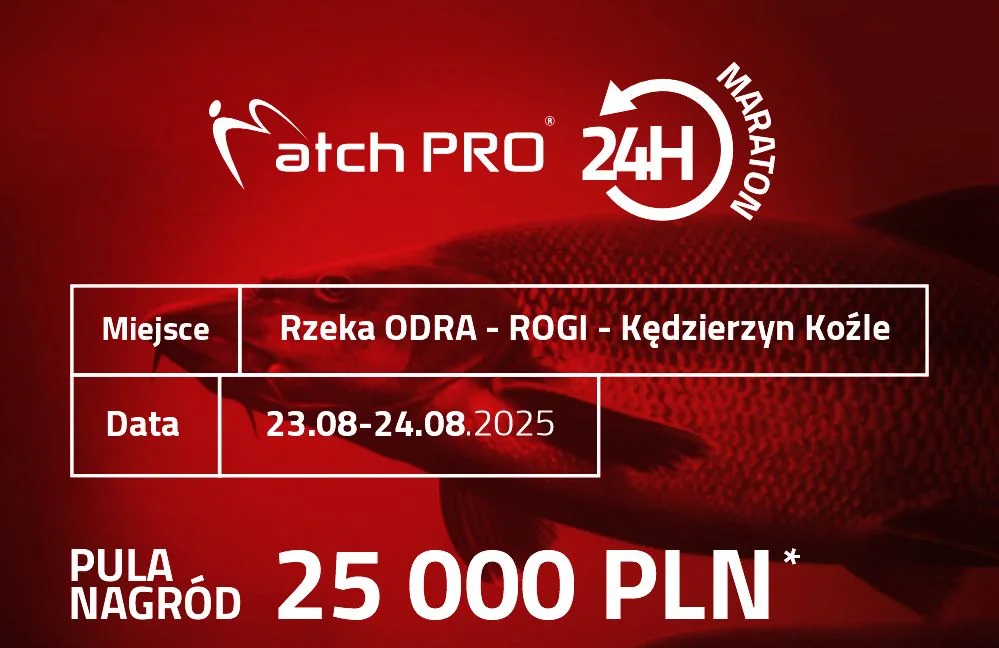 Grafika promocyjna wydarzenia 24-godzinne zawody wędkarskie na rzece Odra w Kędzierzynie-Koźlu