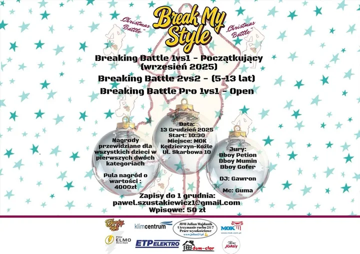 Grafika promocyjna wydarzenia Break My Style Christmas Battle 2025 — świąteczne zawody breakingowe w Kędzierzynie-Koźlu