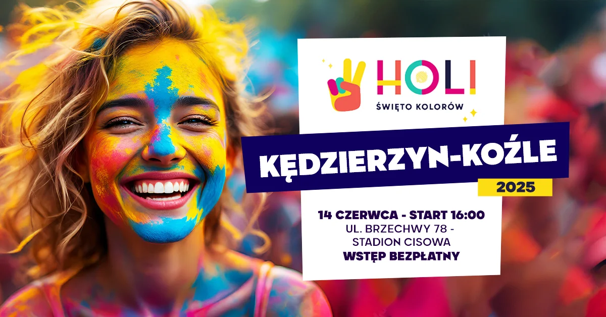 Grafika promocyjna wydarzenia Kolorowa impreza Holi w Kędzierzynie-Koźlu w czerwcu 2025