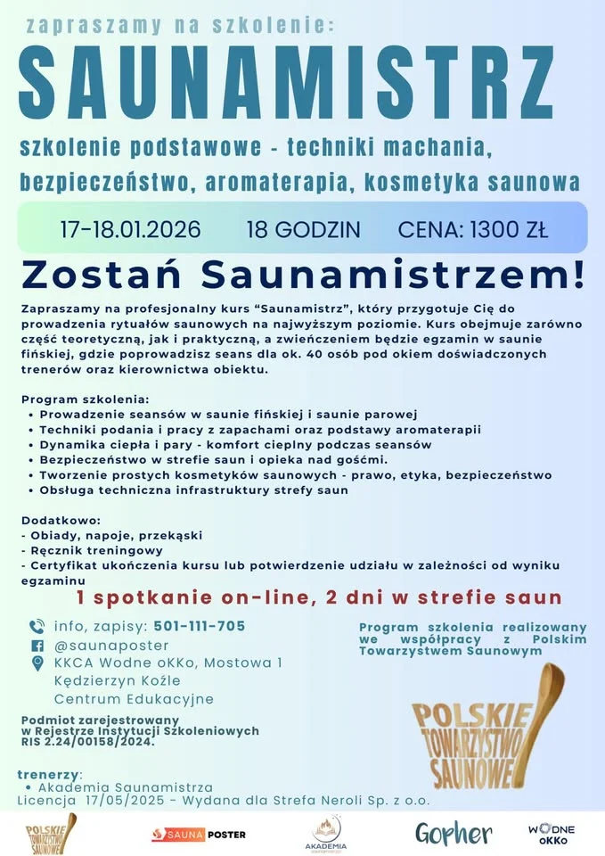 Grafika promocyjna wydarzenia Kurs podstawowy Saunamistrz — podstawy obsługi strefy saun i prowadzenia seansów