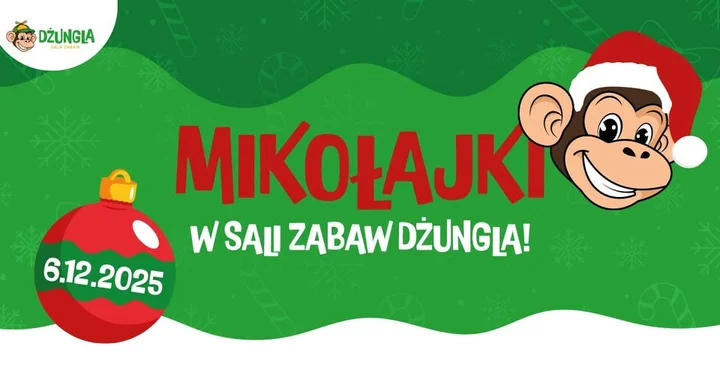Grafika promocyjna wydarzenia Mikołajki w Dżungli Kędzierzyn‑Koźle — rodzinne spotkanie 6 grudnia
