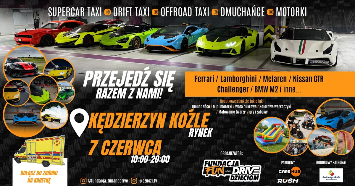 Grafika promocyjna wydarzenia Przejedź się Ferrari, Lamborghini, McLaren, GTR, Challenger, BMW w Kędzierzynie-Koźlu