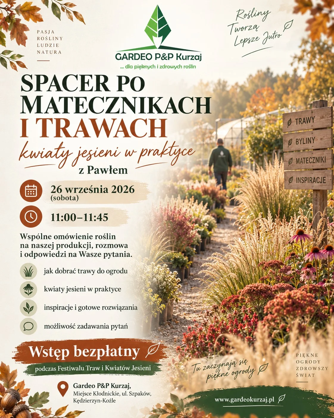 Grafika promocyjna wydarzenia Spacer po naszych rabatach: trawy jesieni