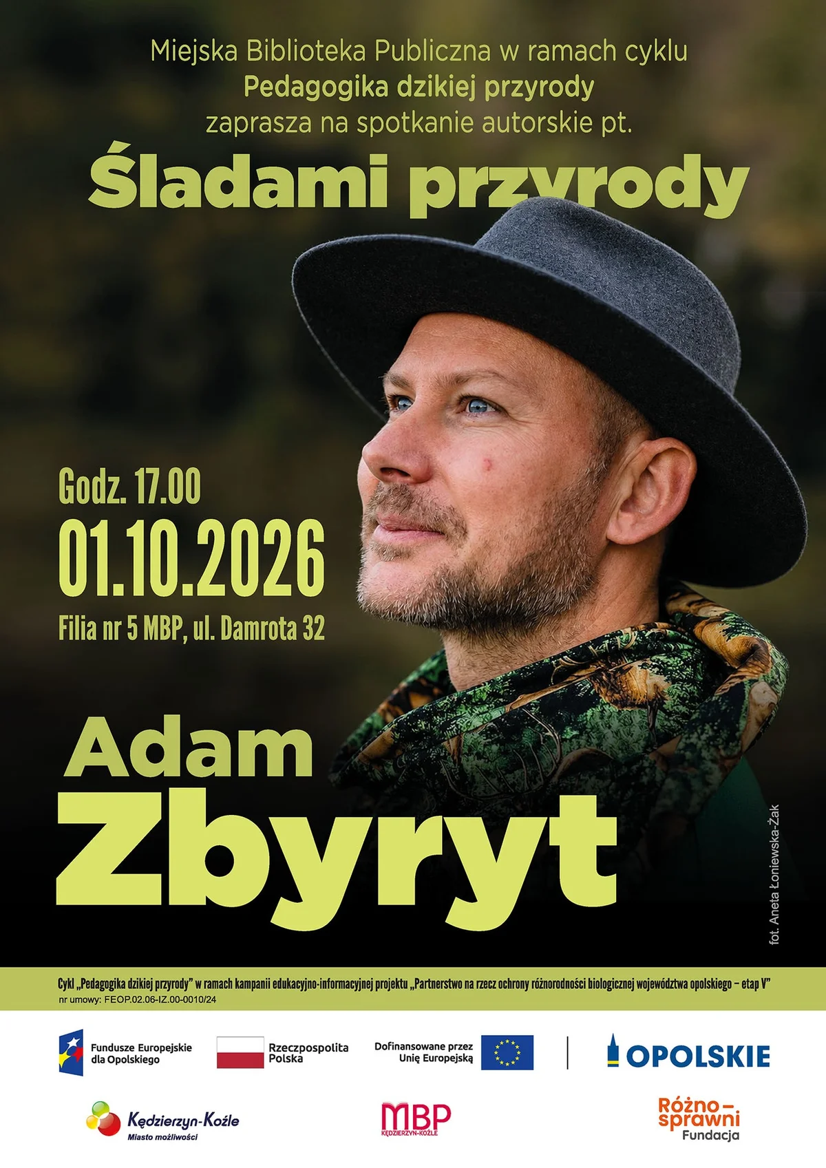 Grafika promocyjna wydarzenia Śladami przyrody. Spotkanie z Adamem Zbyrytem