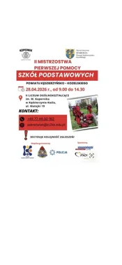 Grafika promocyjna wydarzenia II Mistrzostwa Pierwszej Pomocy Szkół Podstawowych w Kędzierzynie-Koźlu: trwają zgłoszenia