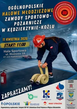 Grafika promocyjna wydarzenia Ogólnopolskie Halowe Młodzieżowe Zawody Sportowo-Pożarnicze w Kędzierzynie-Koźlu