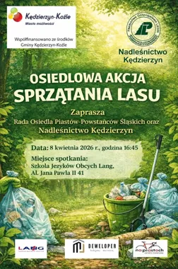Grafika promocyjna wydarzenia Sprzątanie lasu z Radą Osiedla Piastów-Powstańców Śląskich i Nadleśnictwem Kędzierzyn