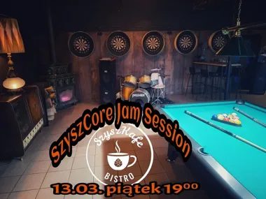 Grafika promocyjna wydarzenia SzyszCore Jam Session — spontaniczne granie i żywa gitara w Kędzierzynie-Koźlu