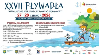 Grafika promocyjna wydarzenia XXVII „Pływadła” 2026 na Koźlej Wyspie SZKWAŁ – muzyka, rzeka i kolorowe konstrukcje na Odrze