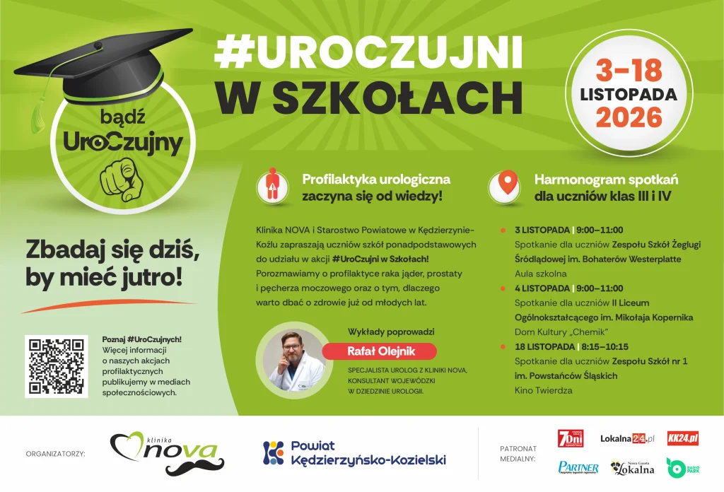 Grafika promocyjna wydarzenia #UroCzujni – profilaktyka zdrowia mężczyzn w szkołach ponadpodstawowych