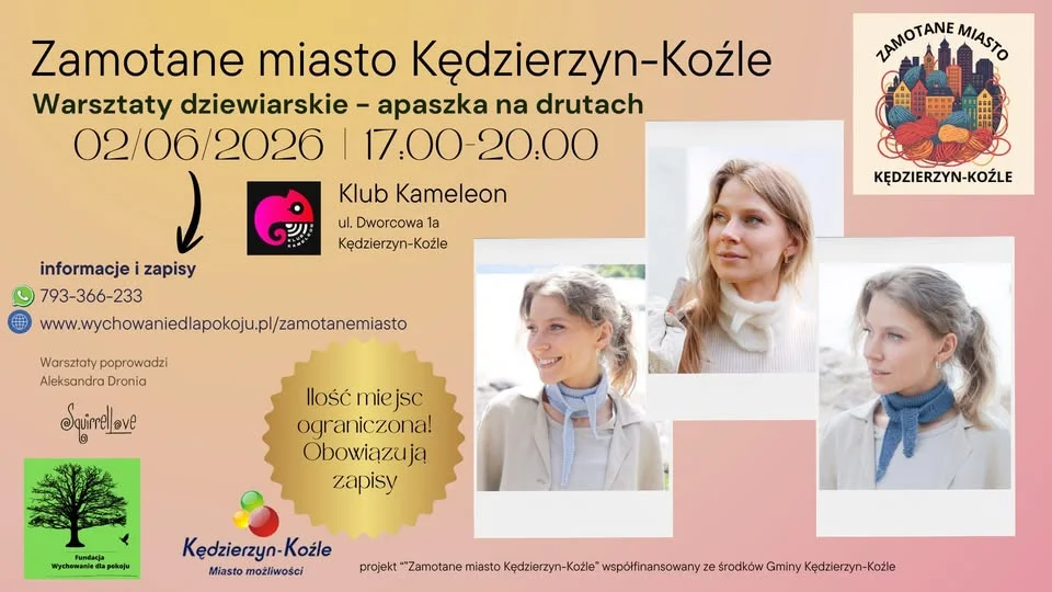 Grafika promocyjna wydarzenia Zamotane miasto Kędzierzyn-Koźle: warsztaty dziewiarskie z apaszką na drutach